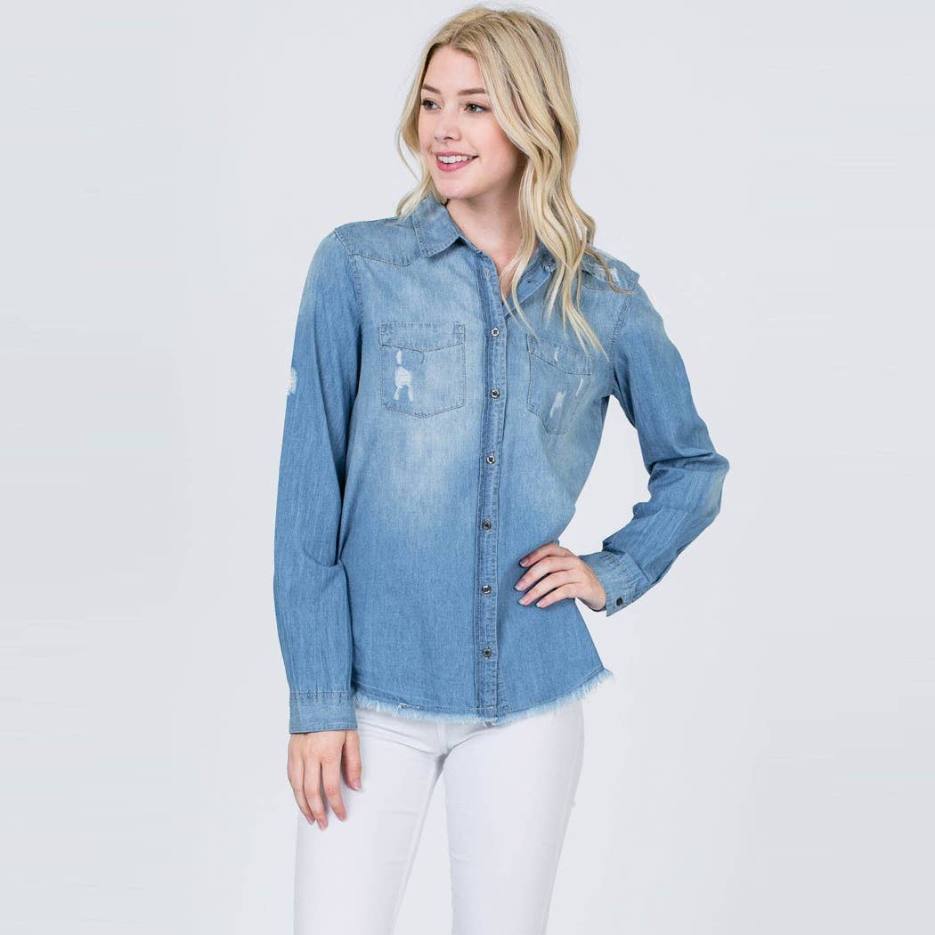 Distressed chambray button up top